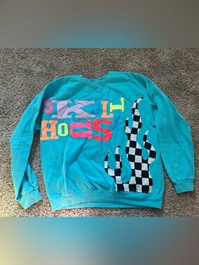 Turquoise Graphic Long-Sleeve Shirt with Colorful Lettering